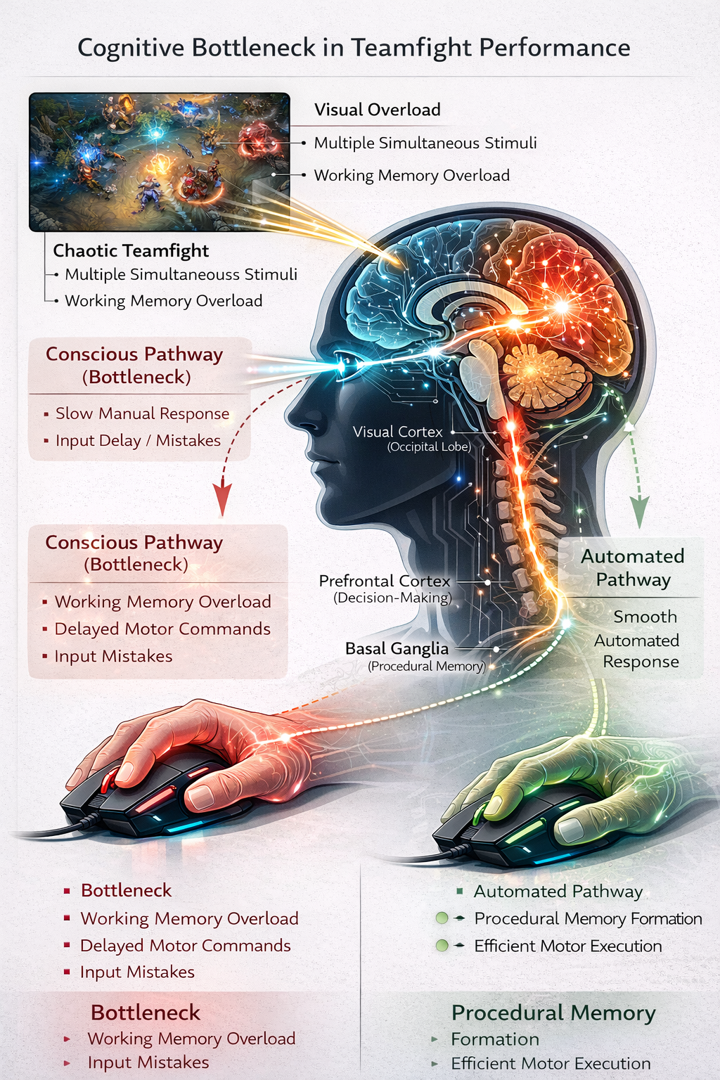 한타 상황에서의 인지 병목 현상과 절차 기억을 통한 자동화 경로 도식화